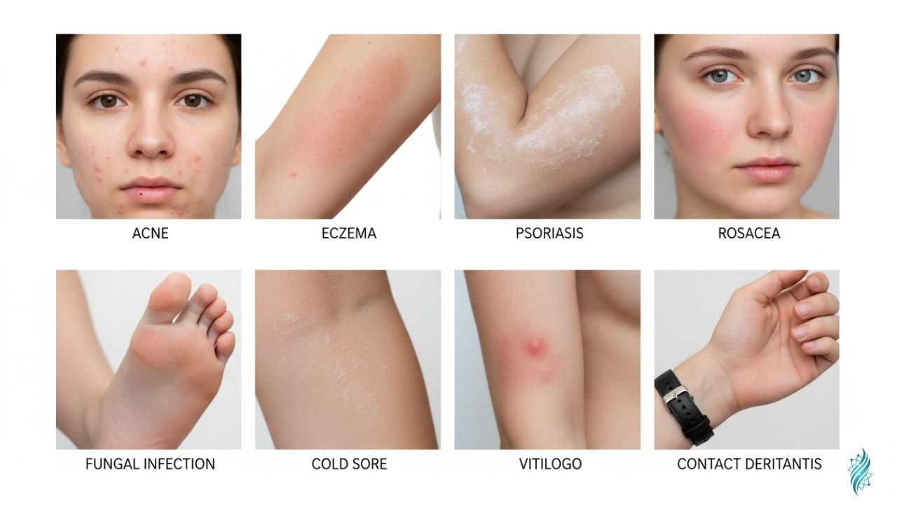 Common skin conditions showing symptoms and natural treatment options