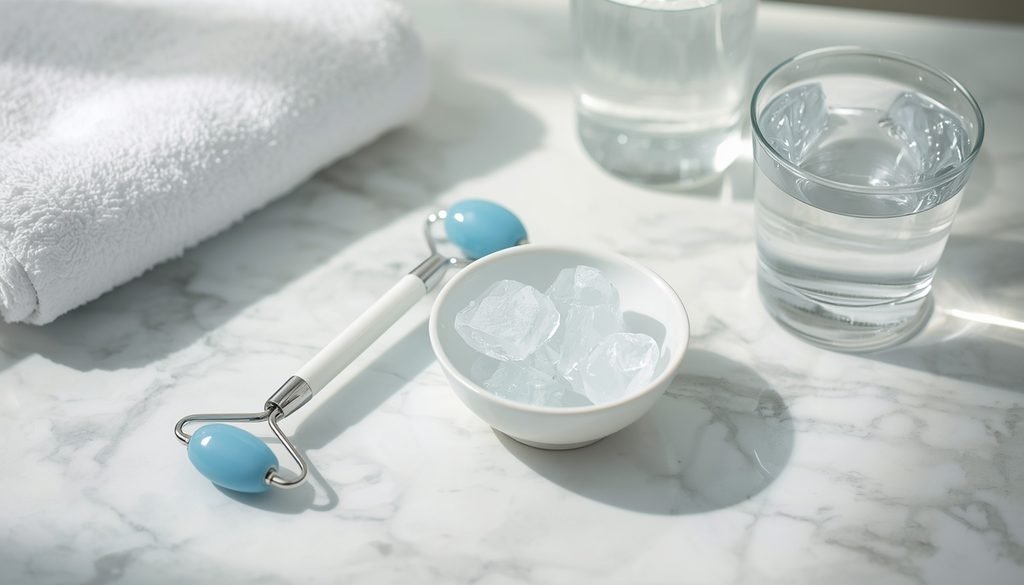 Cooling skincare routine setup with a facial massage roller and ice