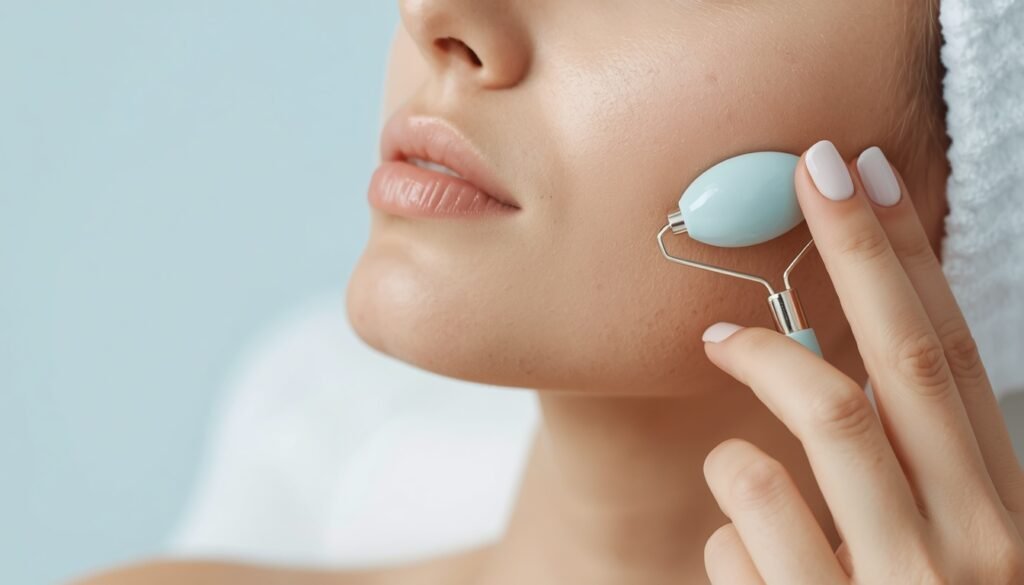 Gentle facial massage with a handheld cooling roller on the cheek