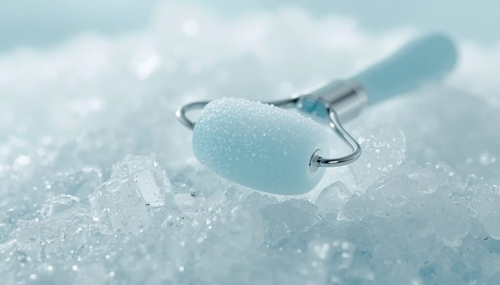 Handheld ice derma roller beauty device on crushed ice