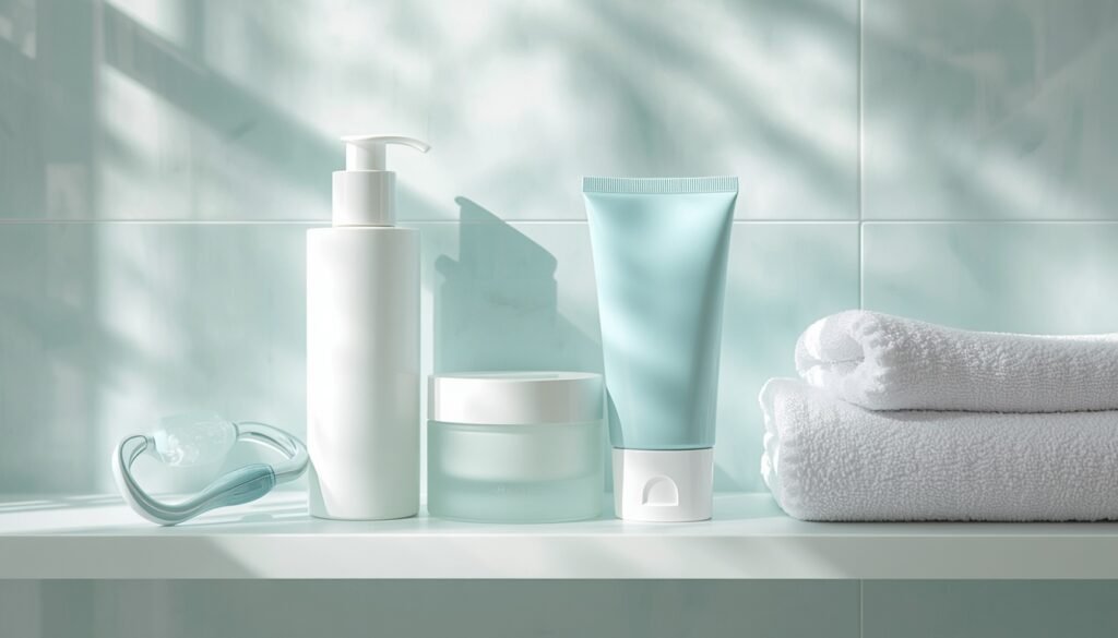 Basic skincare routine products arranged next to a facial massage roller